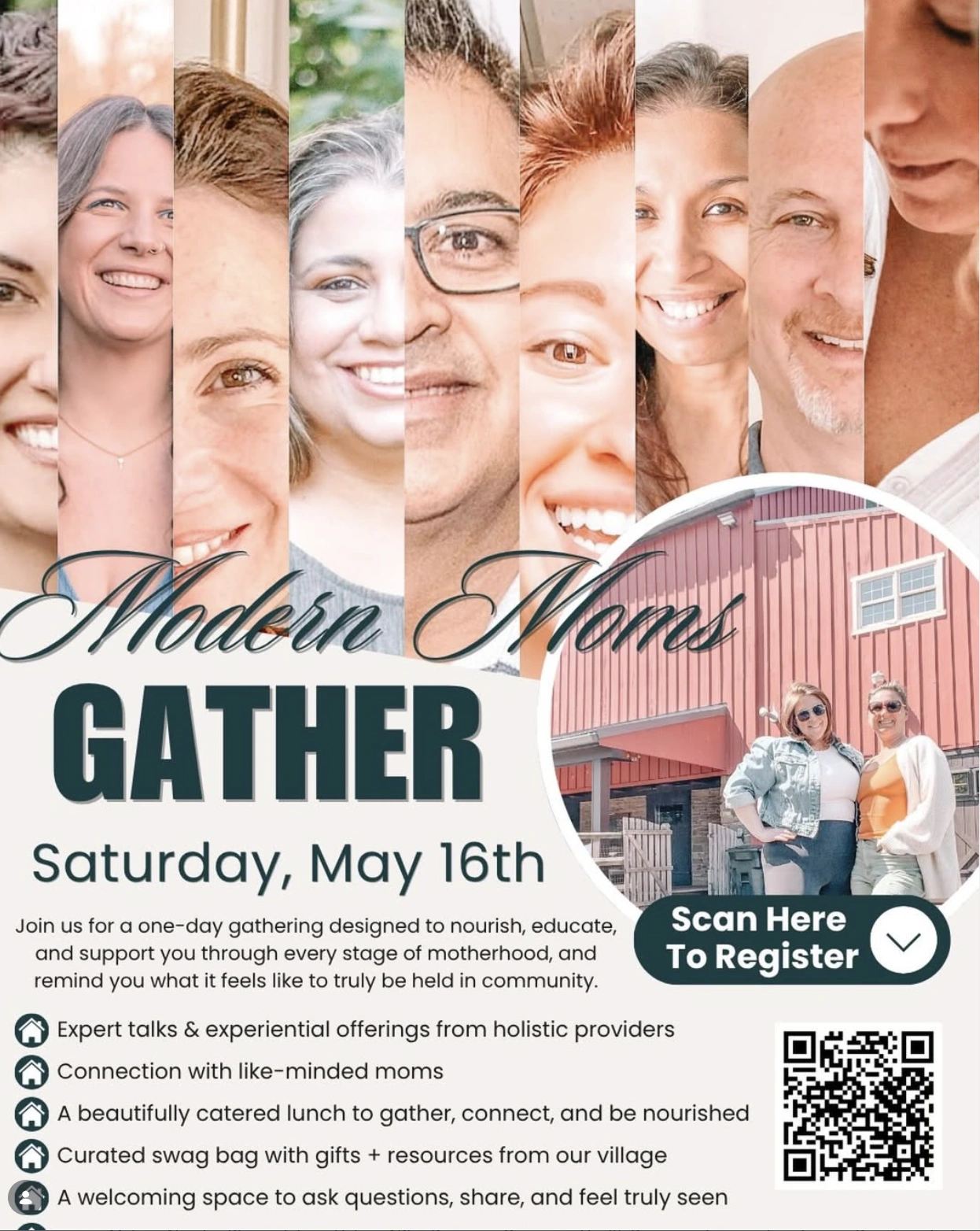 Organizer flyer for Modern Moms Gather; confirm current details with the organizer