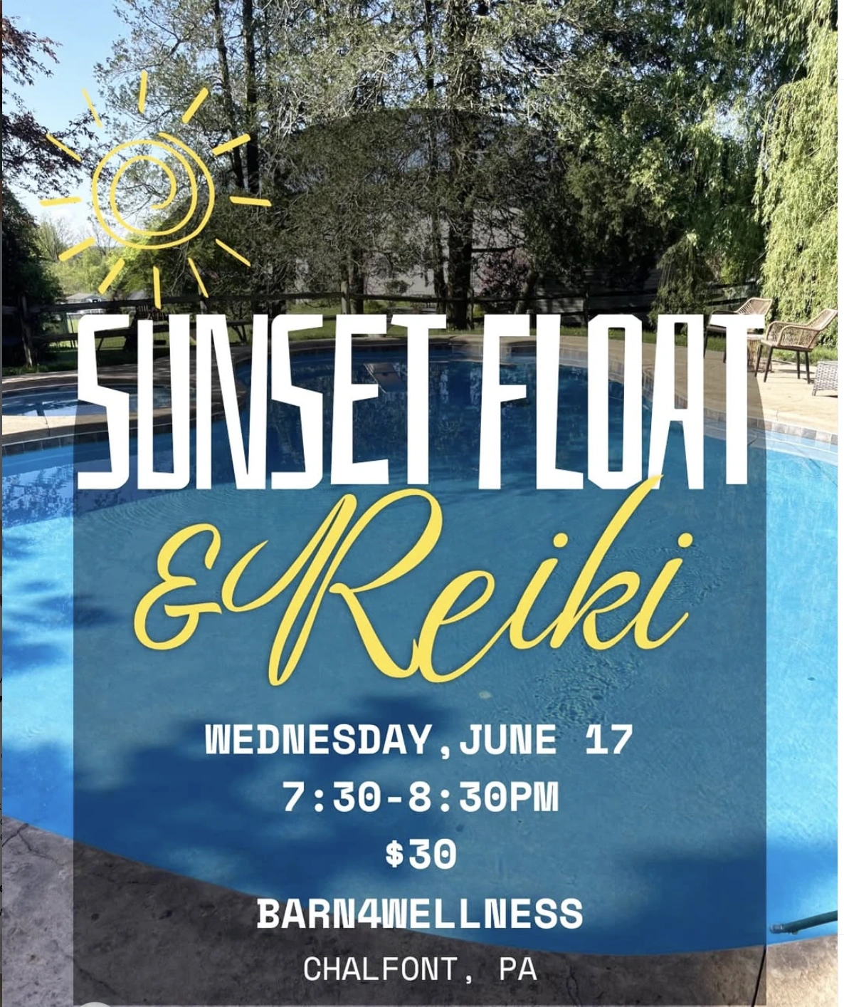 Organizer flyer for Sunset Float & Reiki; confirm current details with the organizer